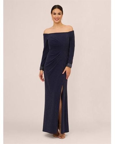 Adrianna Papell Metallic Knit Beaded Gown - Blue