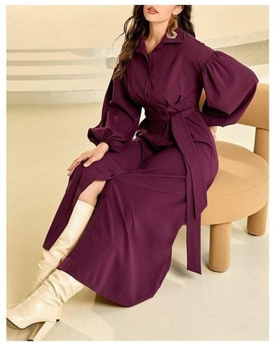 Shorso Lantern Sleeve Belted Shirt Dress - Purple