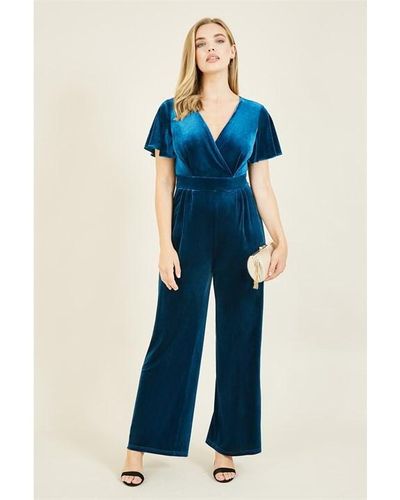 Yumi' Teal Jumpsuit With Angel Sleeves - Blue
