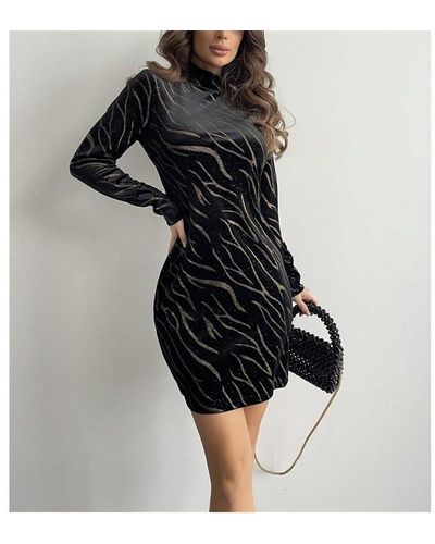 Shorso Zebra Stripe Glitter Bodycon Dress - Black