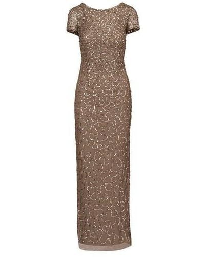 Adrianna Papell Papell Studio Beaded Short Sleeve Gown - Brown
