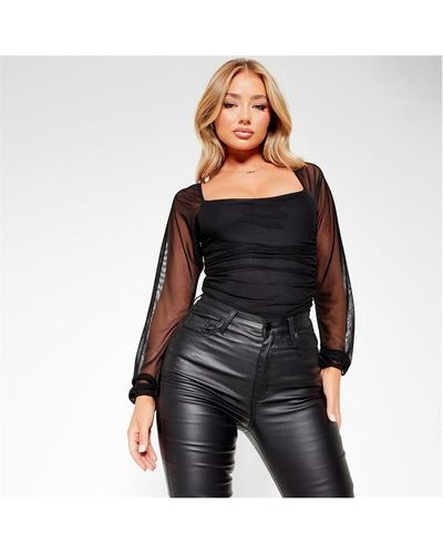 I Saw It First Mesh Puff Sleeve Square Neck Bodysuit - Black