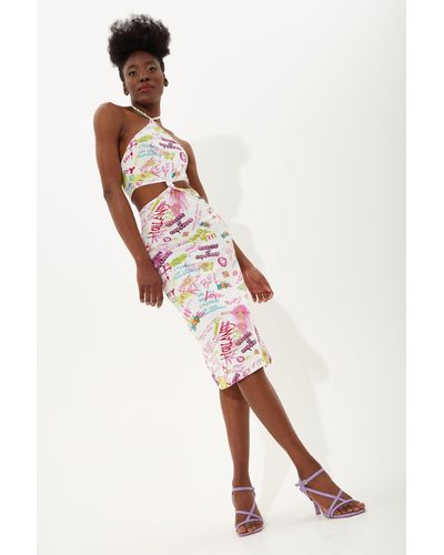 House of Holland Printed Jersey Midi Dress With Knot Front And Cut Out And Tied Neck - Multicolor