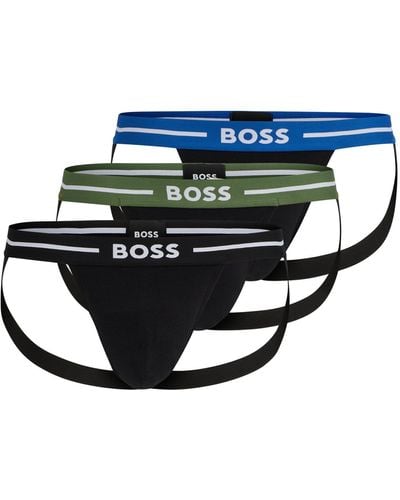 BOSS Three-pack Of Stretch-cotton Jock Straps With Logo Waistbands - Blue