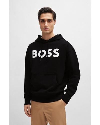 BOSS Cotton-terry Hoodie With Rubber-print Logo - Black
