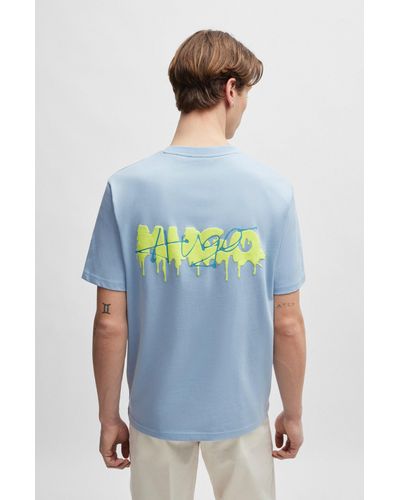 HUGO T-shirt Relaxed Fit en jersey de coton à double logo - Bleu