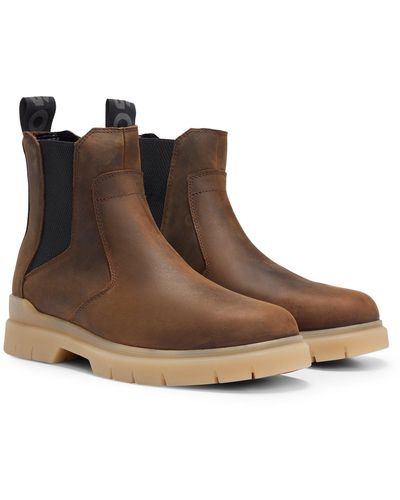 HUGO Leather Chelsea Boots With Logo-tape Trim - Brown