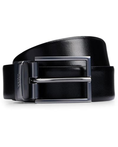 BOSS Reversible Italian-leather Belt With Logo-engraved Keeper - Black