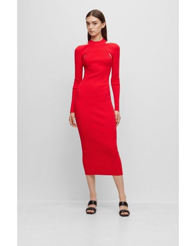 HUGO Long-sleeved Knitted Tube Dress With Cut-out Details - Red