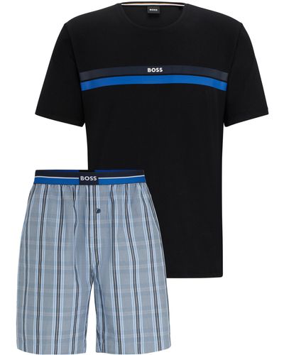 BOSS Regular-Fit Pyjama mit karierter Shorts - Schwarz