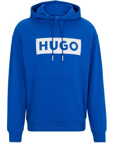 HUGO Relaxed-fit Hoodie Van Sweatstof Met Logoprint - Blauw