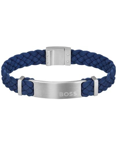 BOSS Blue-suede Braided Cuff With Logo Plate