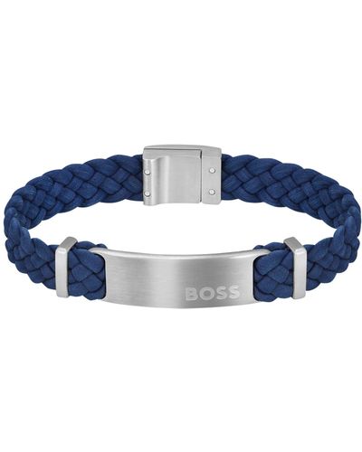 BOSS Bracciale intrecciato in pelle scamosciata blu con targhetta con logo