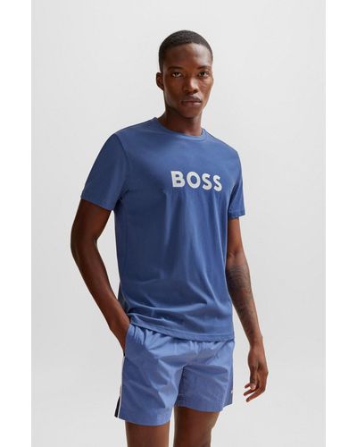 BOSS Camiseta regular fit de punto de algodón con logo estampado - Azul