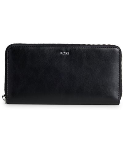 BOSS Ziparound Wallet In Faux Leather With Logo Lettering - Black