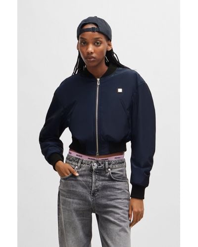 HUGO Cropped Bomber Jacket In Water-repellent Material - Blue