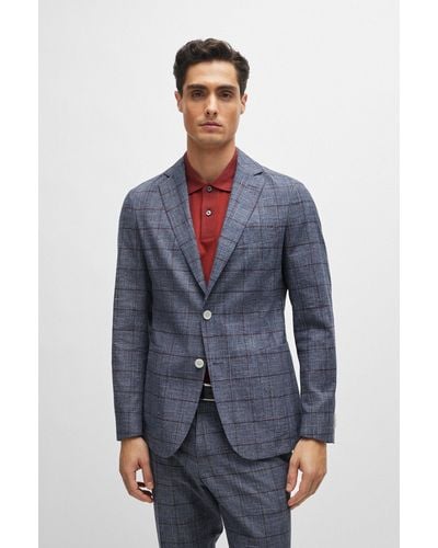 BOSS Slim-fit Micro-patterned Jacket In Checked Serge - Blue