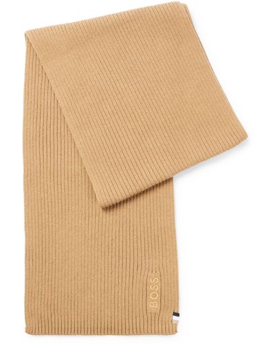 BOSS Ribbed Scarf In A Cotton Blend With Logo Details - Natural