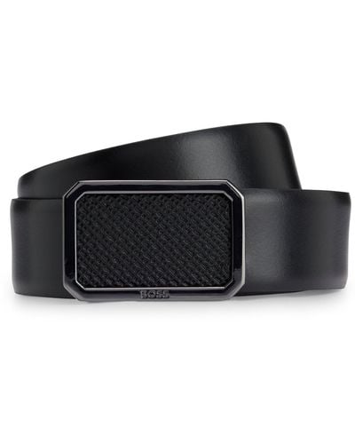 BOSS Italian-leather Belt With Plaque Monogram Buckle - Black