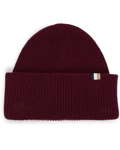 BOSS Ribbed Beanie Hat With Signature-stripe Trim - Red