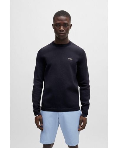 BOSS Cotton-blend Regular-fit Sweater With Logo Print - Blue