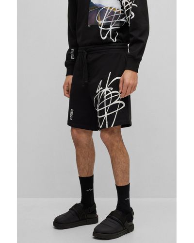 HUGO Relaxed-fit Cotton Shorts With Graffiti-inspired Logo - Black