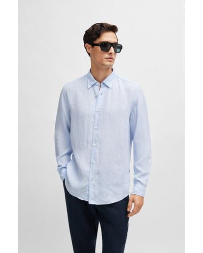 BOSS Regular-fit Linen Shirt With Button-down Collar - White