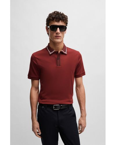 BOSS Mercerised-cotton Slim-fit Polo Shirt With Contrast Stripes - Red