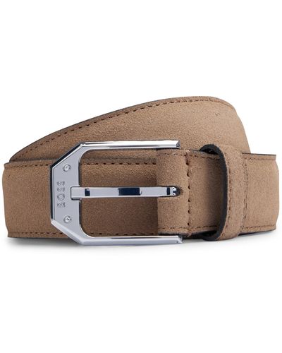 BOSS Italian-made Suede Belt With Angular Branded Buckle - Brown