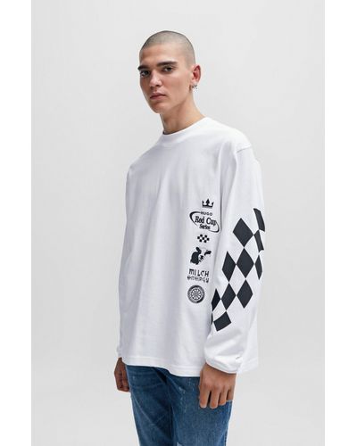 HUGO T-shirt en jersey de coton avec imprimés inspirés de l'univers de la course automobile - Blanc
