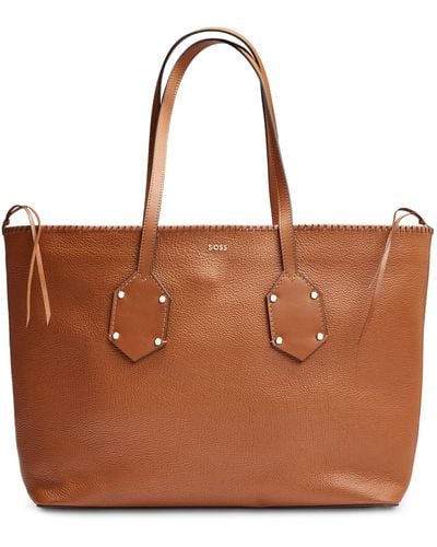 BOSS Grained-leather Shopper Bag With Whipstitch Details - Brown