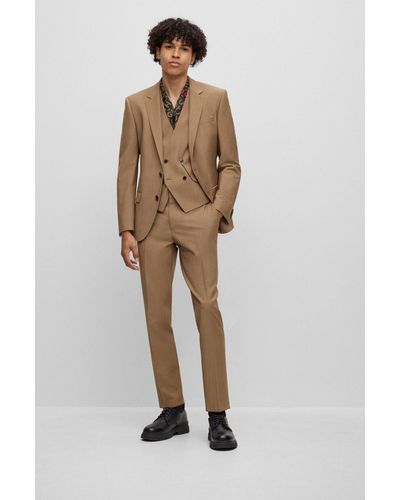 HUGO Three-piece Slim-fit Suit In Mohair-look Fabric - Natural