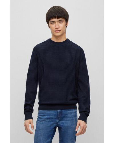 HUGO Cotton Sweater With Jacquard Pattern - Blue