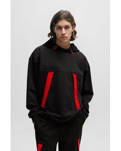 HUGO Oversized-fit Hoodie With Red Logo Tape