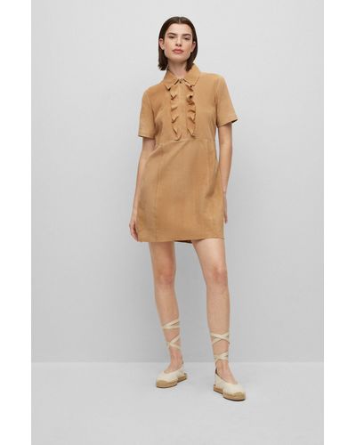BOSS Slim-fit Shift Dress In Suede With Frill Detail - White