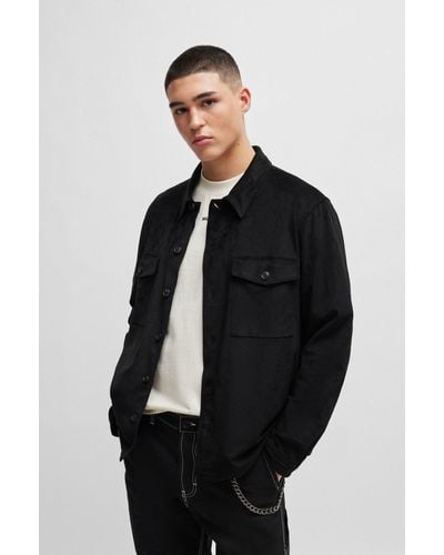 HUGO Oversized-fit Overshirt In Faux Suede - Black