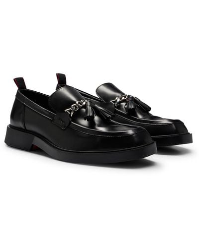HUGO Leather Slip-on Moccasins With Tassel And Chain - Black