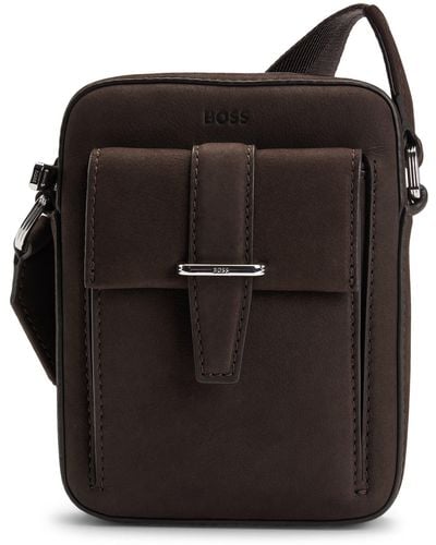 BOSS Leather Reporter Bag With Branded Trims - Black