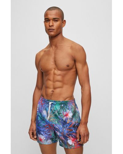 BOSS Floral-print Swim Shorts With Logo Detail - Blue