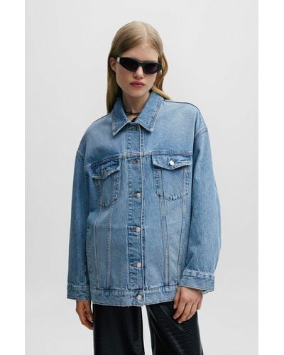 HUGO Oversize-fit Long-length Jacket In Blue Denim