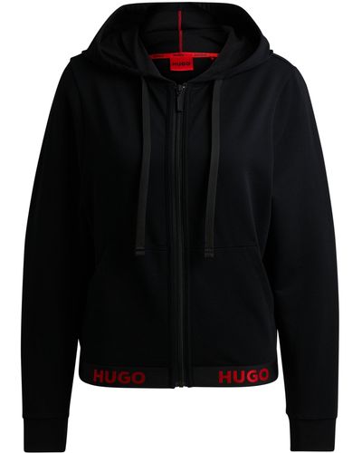 HUGO Hoodie Van Een Katoenmix Met Rits En Logotailleband - Zwart