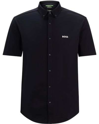 BOSS Regular-Fit Hemd aus gestrickter knitterfreier Baumwolle - Schwarz