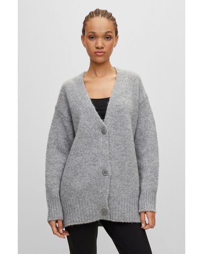 HUGO Oversized-fit Button-up Cardigan With Logo Flag - Grey