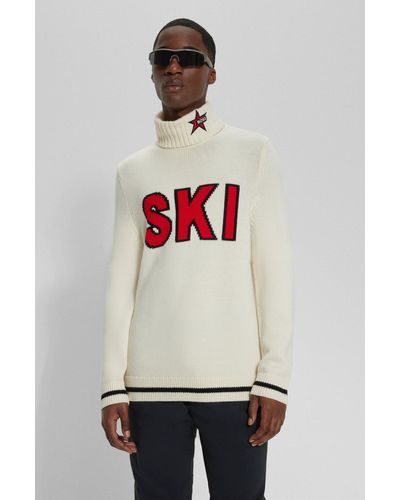 BOSS X Perfect Moment Maglione in lana vergine con scritta "Ski" a intarsio - Bianco