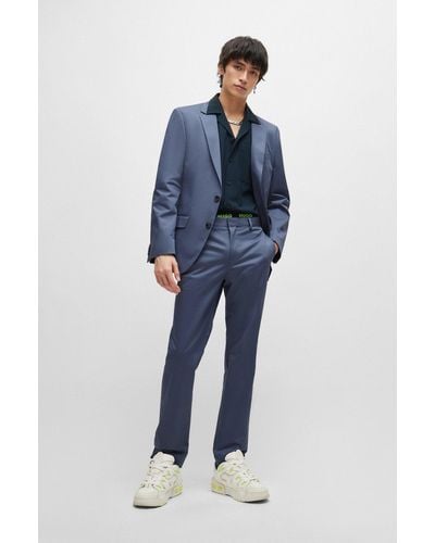 HUGO Slim-fit Suit In Stretch-cotton Satin - Blue