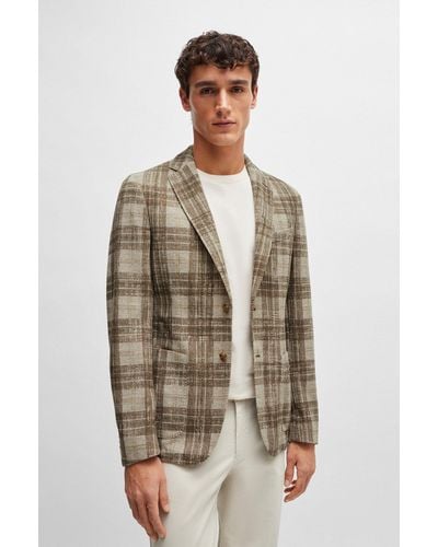 BOSS Slim-fit Jacket In Checked Stretch Jersey - Brown