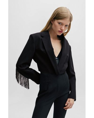 HUGO Cropped Regular-fit Jacket With Fringe Trims - Black