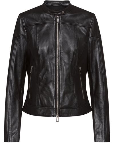 HUGO Regular-fit Leather Jacket With Zipped Trims - Black
