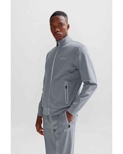 BOSS Cotton-blend Zip-up Sweatshirt With Pixelated Details - Grey