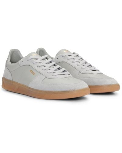 BOSS Leather-suede Trainers With Foil-print Branding - White